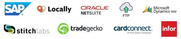 SAP, LOCALLY, ORACLE NETSUITE, FTP, MICROSOFT DYNAMICS, STITCHLABS, TRADEGECKO, CARDCONNECT, INFOR